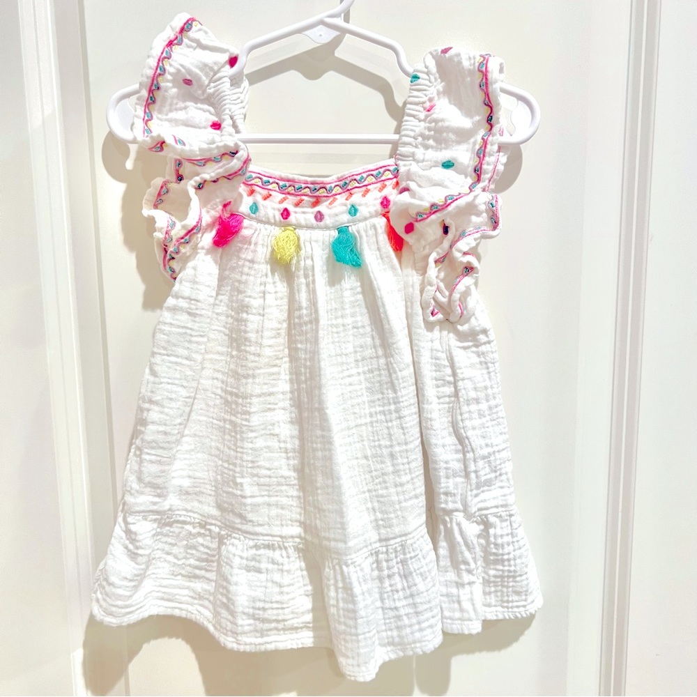 Embroidered Pom Ruffle Sleeve Dress - White